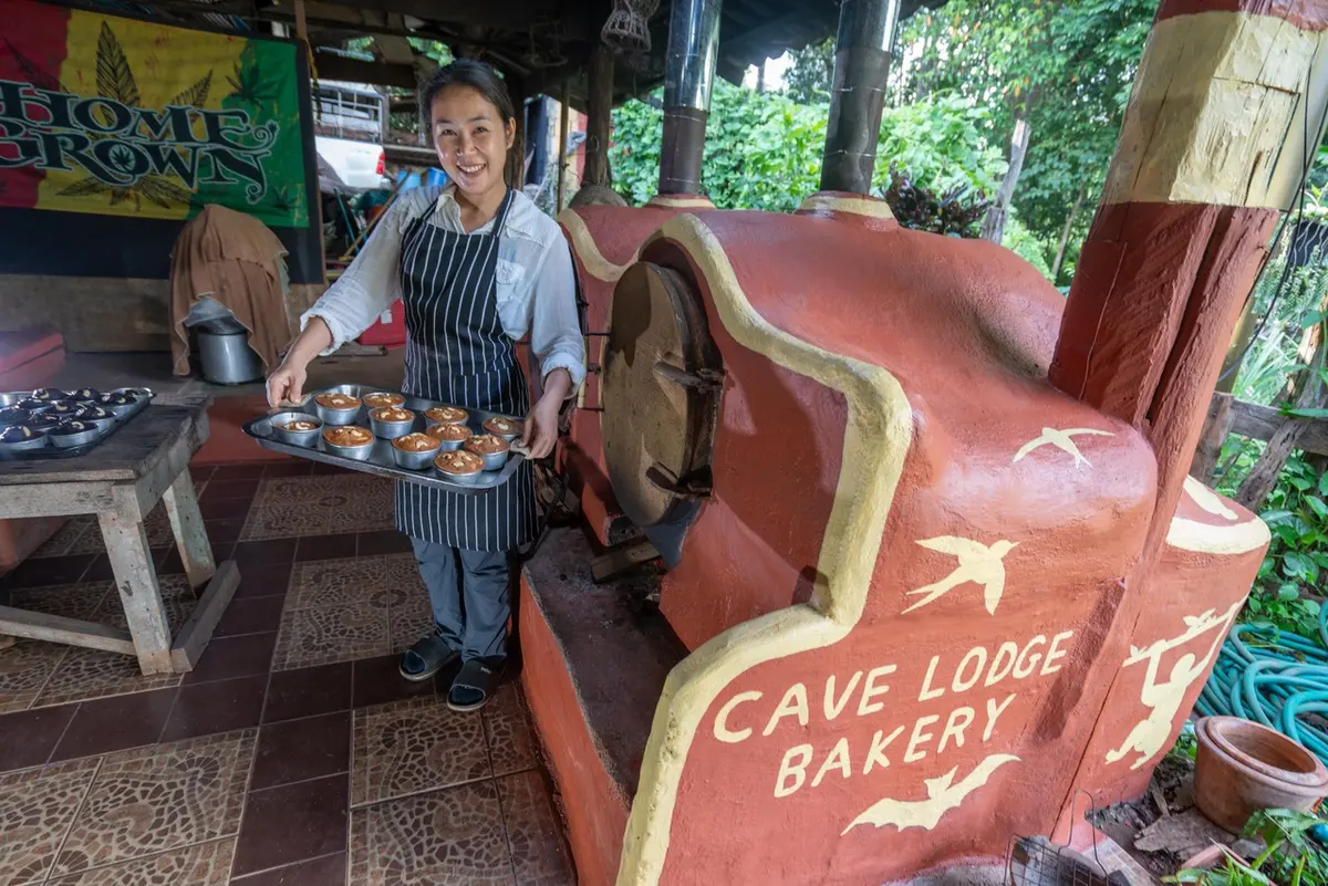 A tray of fresh muffins from the Cave Lodge Bakery